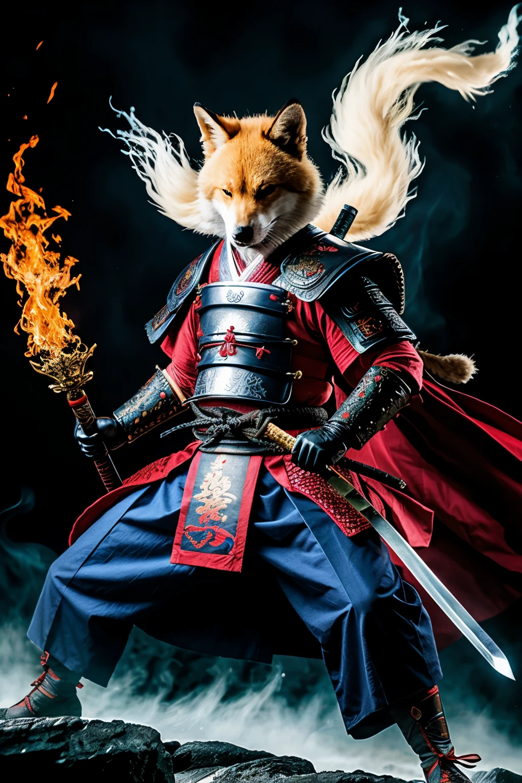 samurai with kitsune mask in fighting pose with blue fire sword in a cherry biome in chaos