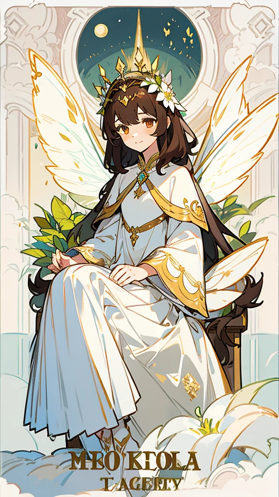 1 girl, dark brown hair, gold eyes, White skin, dressed in a white dress with lace and pleats, fairy wings, shy posture, whole body, sitting on a tree throne, green mondays around with faces, Moonlight, flower crown on her head, soft smile, gentle.