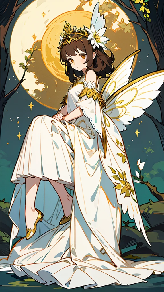 1 girl, dark brown hair, gold eyes, White skin, dressed in a white dress with lace and pleats, fairy wings, shy posture, whole body, sitting on a tree throne, green mondays around with faces, Moonlight, flower crown on her head, soft smile, gentle.