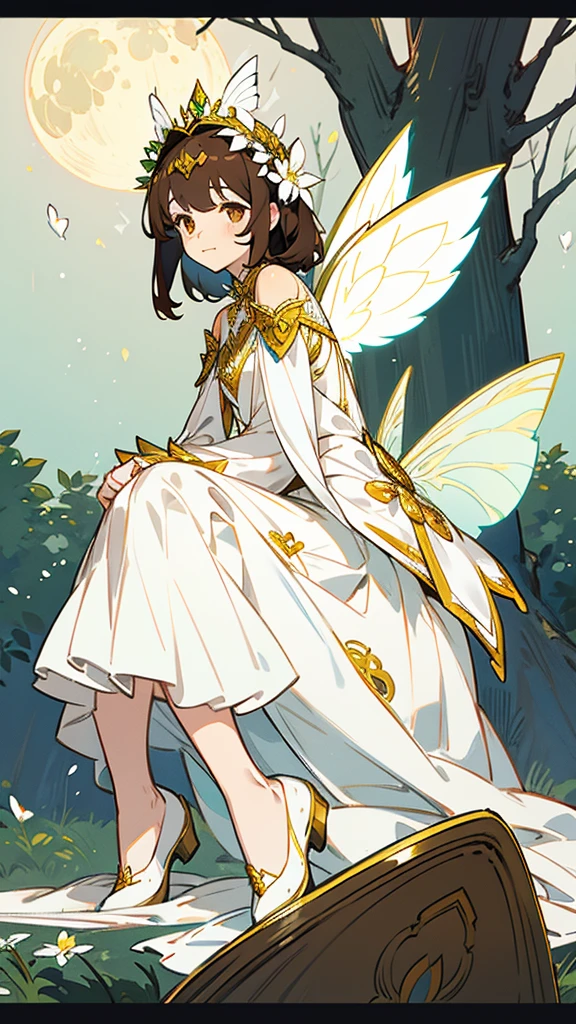 1 girl, dark brown hair, gold eyes, White skin, dressed in a white dress with lace and pleats, fairy wings, shy posture, whole body, sitting on a tree throne, green mondays around with faces, Moonlight, flower crown on her head, soft smile, gentle.
