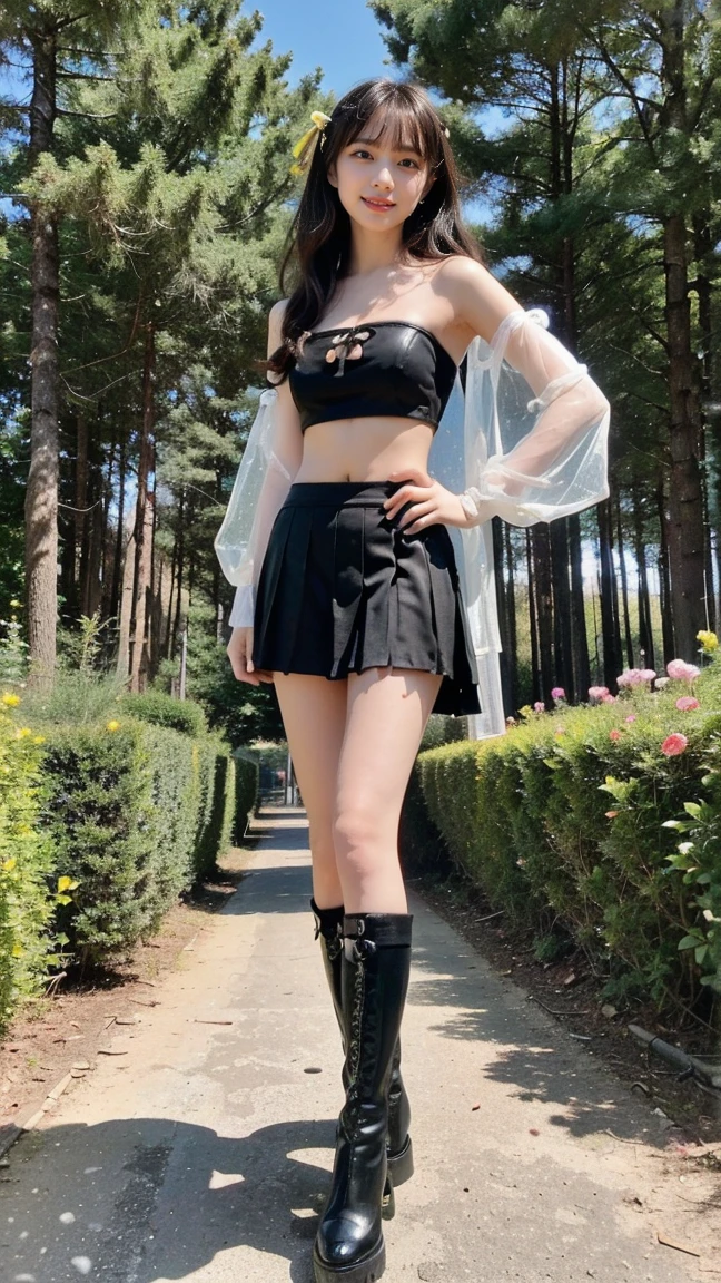 (8K、RAW Photos、Highest quality、masterpiece:1.2)、(Highest quality、Realistic)、1 Girl、((Tube top、mini skirt、Idol Costume、ribbon、Medium Hair、See-through、smile、Silver and Black、Thin legs、whole body、boots、garden、View from the front、Looking into the camera、Stand with hands on hips))、cute