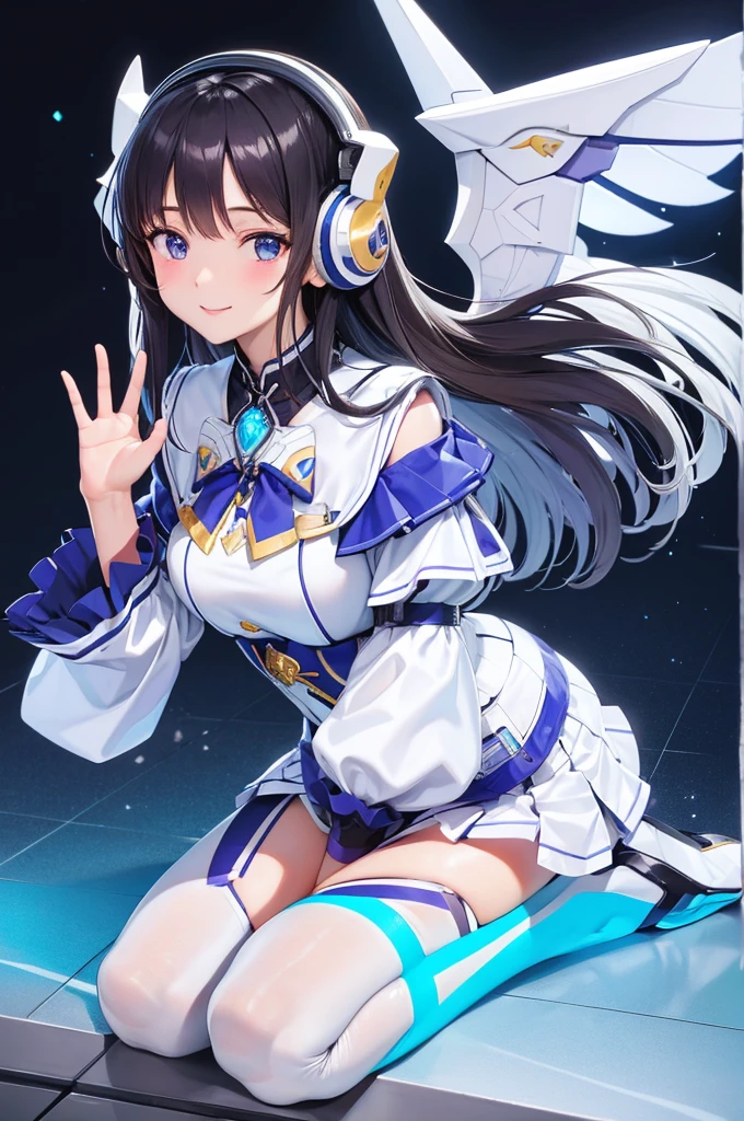 Mecha Wings、White and blue skirt、Accentuated thighs、White tights、chest、Beautiful black hair、1 girl、solo girl、Thick thighs、is、Frame Arms Girl、Alice Gere Aegis、White Armor、Blue and purple lines、income、headphone、hand on own chest、smile、idol costume、Sumire Uesaka、Uesaka Sumire