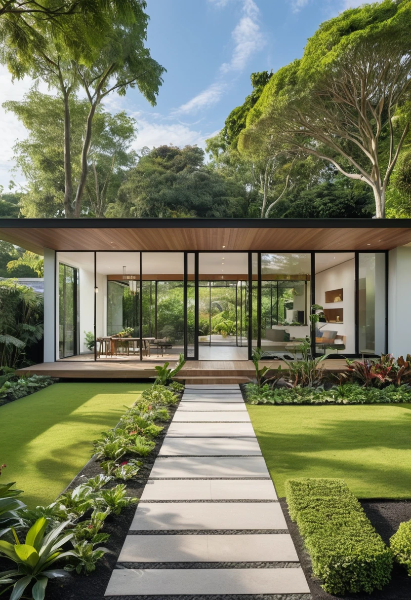 A hyper-realistic image of a single-story garden house with a minimalist design, featuring a combination of white and wood materials. The house has a flat roof, large glass windows, and a spacious front porch. The entrance is flanked by lush greenery and well-maintained garden paths. The garden includes various tropical plants, flowers, and trees. The overall ambiance is serene and contemporary, with detailed textures and realistic lighting, shadows, and reflections. The colors are bright and natural, showcasing the beauty of the materials and the surrounding garden environment. The sky is clear with scattered clouds, and the lighting gives a vibrant midday feel.
