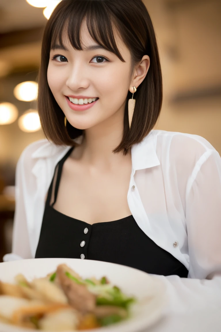 （masterpiece）、(Highest quality:1.5)、(Photorealistic:1.2)、(Surreal), (High resolution), (Realistic), (Post-processing),(Sharp focus), Sharp focus:1.2,Backlight, (Improvement of quality:1.4), (Narrow waist)、Big Ass、((Perfectly detailed five-fingered hands)),（Anatomically correct body）、((1 female:1.4))、Japanese、Realistic Skin、（Small chest：1.4）、Bust size is A cup、Pretty woman with perfect figure:1.4,(from the front:1.5), (Enhances the beauty of skin texture:1.1),No makeup、美しいBlack Hair、The best smile、Natural color lip、(Small Mouth:1.4)、The mouth is not open、Thick lips、(Oval Face)、Even bangs、Hide eyebrows with bangs、((33-year-old woman))、Bob Hair、Hair blowing in the wind, (Black Hair, Iris, Watery eyes, Shining Eyes, Bob Cut Hair, Small earrings,), Hair behind the ear、No makeup、(Drooping eyes)、(((One lovely woman)),((A big friendly smile)),(( Small breasts,Small breastsの谷間)),((((Plump Cheeks)))),((whole body：1.５)),very cute,(Baby Face),高級restaurantで、full-course dinner、Wine Party、Bright image、The beauty of wine, Beautiful Face, red wine 、Appetizers、Italian food、Wine bottle、Champagne、sparkling wine、(slimな顔), (The body is slim),restaurant, White wine, slim, wine glass, 中央に置かれたwine glass, Beautiful fine grain, Depth f/2,saturation, High Contrast, Strong light and shadow,Moist Body:1.5、3D texture、Delicate eyes、((In front of the food on the table：1.5)）、White collar shirt and tie、erious expression、