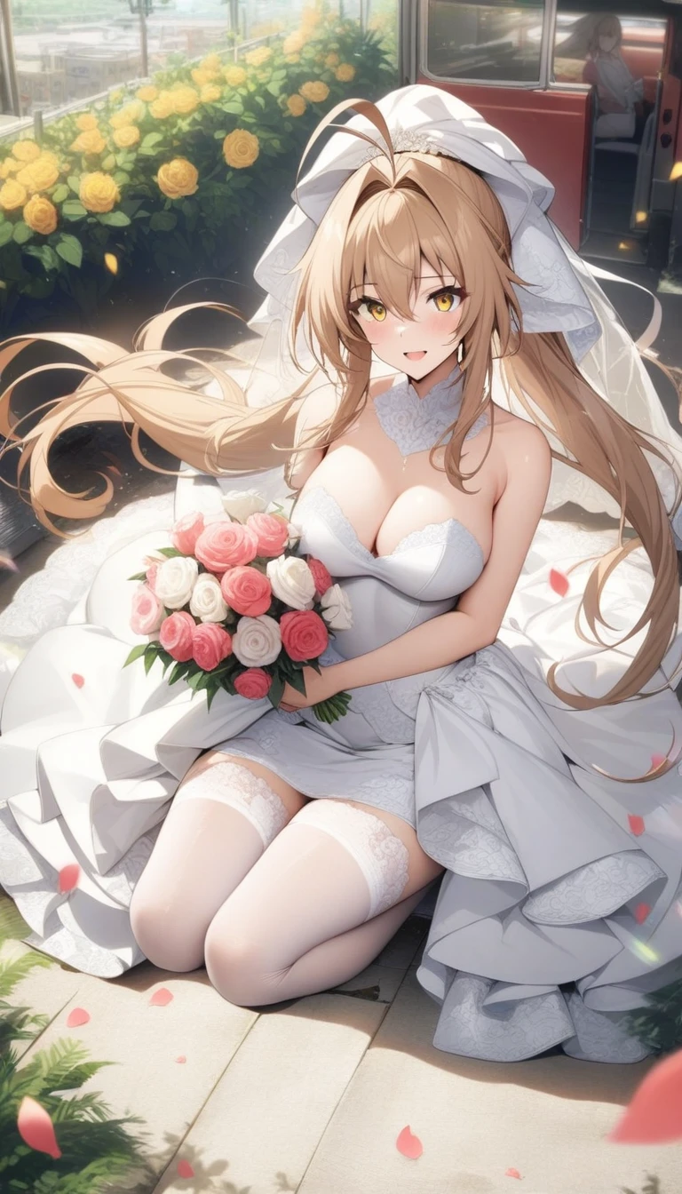 masterpiece, best quality, very aesthetic, absurdres, 1girl, mature_lady, wedding_dress,White lace miniskirt wedding dress, Holding flowers, White lace stockings, wedding hood,  ,sento isuzu, amagi brilliant park, yellow eyes, antenna hair, long brown hair, ponytail, hair intakes, medium breasts, hair bow,,surrounding by flowers,falling_petals, outdoors, petals,,in recreational machine hall,floating_hair