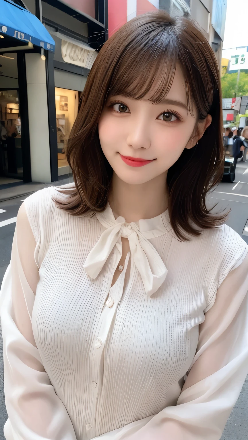 masutepiece, Best Quality, Illustration, Ultra-detailed, finely detail, hight resolution, 8K Wallpaper, Perfect dynamic composition, Beautiful detailed eyes, summer blouse setup clothes,Medium Hair,Small breasts natural color lip, Bold sexy poses,Smile,Harajuku、18 years girl、Cute、Sexy shot looking at camera