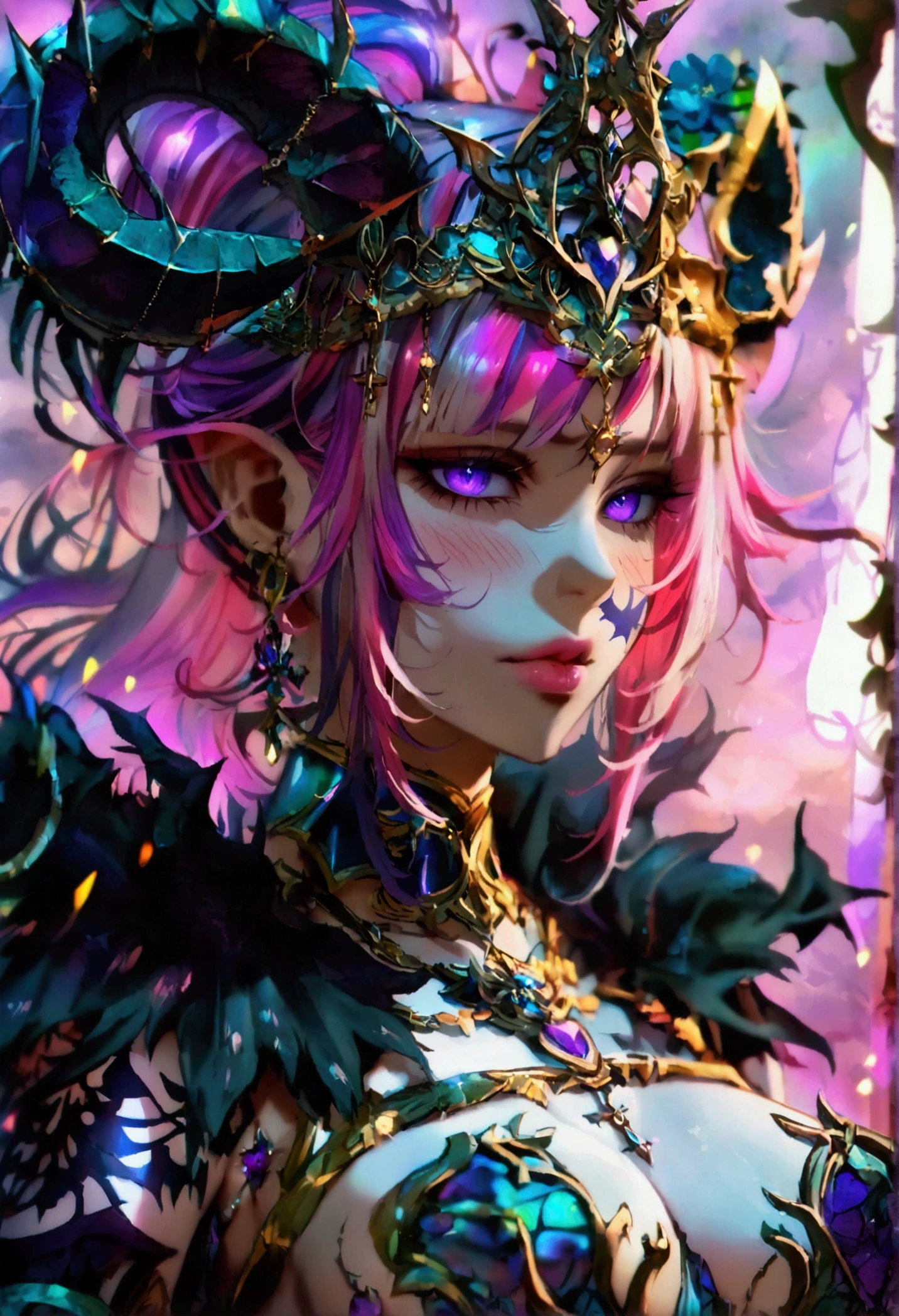 Vampire Queen Combat Dress (Radiant Royal Cloak: 1.2) Black and Purple Color, (extremely delicate beautiful eyes and depression but arrogant eyes), (multicolor, ponytail, iridescent hair, colorful hair, half purple and half pink hair: 1.3), (magical, mythic,fantasy), (Super Model Body Shape, idol, seducing body, attractive, gorgeous, charming, majesty, Sexy Devil aura), Original Character, Masterpiece, Tempting Purple Eyes, Purple Gemstone Accessories, Gold Belt, Gold Necklace, Wind Evil and body floating effect, Soft Moonlight, unique crown, (Corruption Tattoo on 1;1.25), (holding a Giant Scythe 1:1.3), 16k wallpaper style,bare shoulders, cute, petite, solo, stars, stardust, shiny body detailed, killing scenario, legend, horny blush, pink lips, cinematic lighting, full body close-up, scale up, twilight, dark magic, dark element, villain, battle mage, blindfold, solo leveling art style, perfect shade, shadow warrior, glowing armor