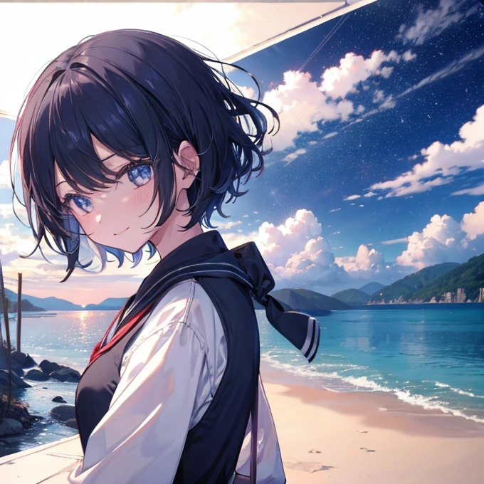 (Black Hair short hair Beautiful Girl High School Girl ),(smile), Shining Edges