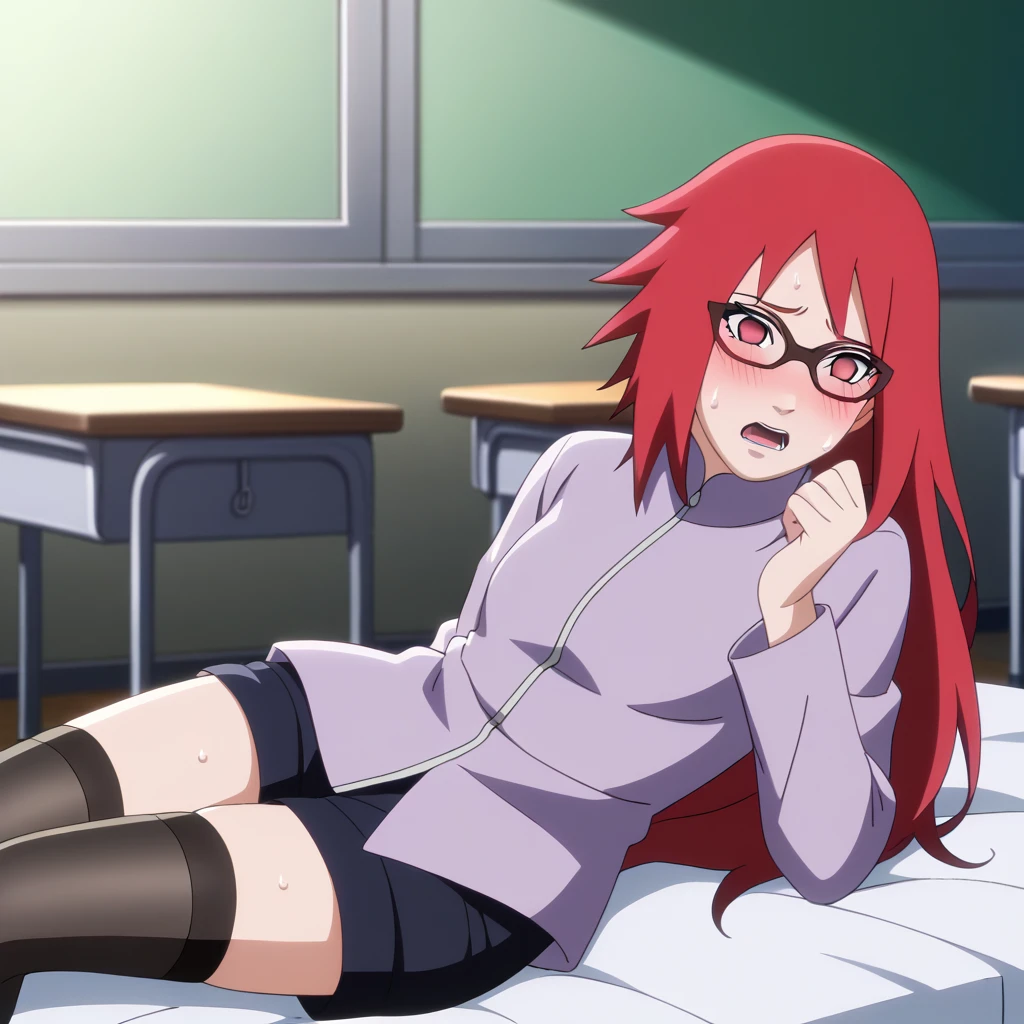 Red hair, 1 Girl, Glasses, Long hair, Red Eyes, Solitary, Long gown, Black over-the-knee stockings, Black shorts, Umbilical cord, Looking at the audience,No students, Japanese cartoons screencap, Japanese cartoons coloring,src_Japanese cartoons,Naruto \(series\), Naruto shippuuden,((blush,nervous,Vision,classroom,sit on the chair,))masterpiece, absurd , (Intricate details), (Colorful), light, Extremely detailed CG unity 8k wallpaper ,1 Girl, solo,(shy,classroom,night,blush,nervous,Sweating,蕾丝dress, ),sweat,blush,blush1.5,Blush,Medium chest,((dress,Black stockings,)),(dress,Lying in bed,Uncomfortable expression,Mouth open,spit)