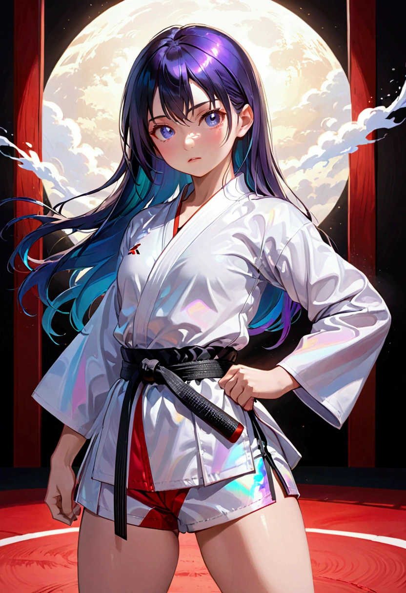 Girl, long dark iridescent hair, iridescent eyes, large thighs, small waist, small breast, modern wear, in karate gi, fully covered