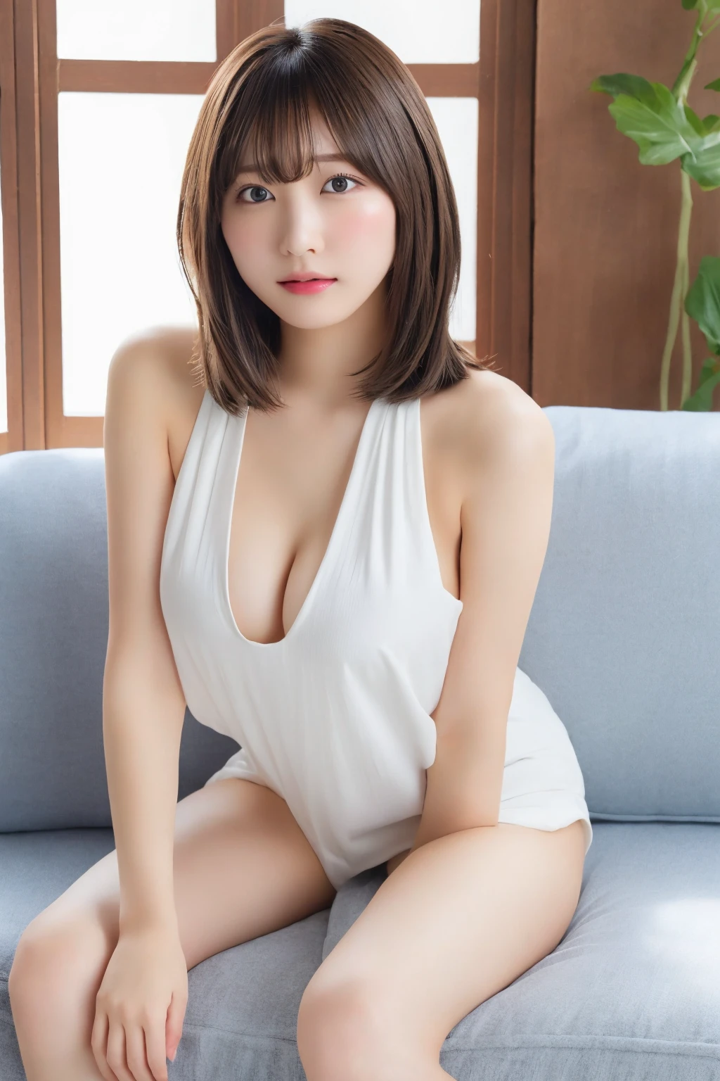 (8K highest quality)、(beautiful)、Precision Eyes、Fine skin、22-year-old female、Stylish、Brown eyes、Soft Breasts、Brown Hair、looking at the camera、Full view of 、Completely naked、Semi-short hair、Sit on the sofa、Precision nipples、Leaning forward、bangs