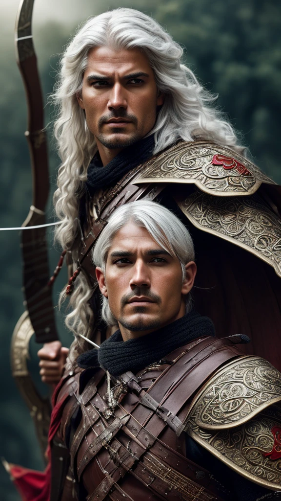 a man warrior archer with medium-cut white hair, red eyes, detailed facial features, beautiful, ornate armor, wielding a longbow, in a battle scene, medieval fantasy, dramatic lighting, cinematic composition, epic, highly detailed, 8k, photorealistic, masterpiece