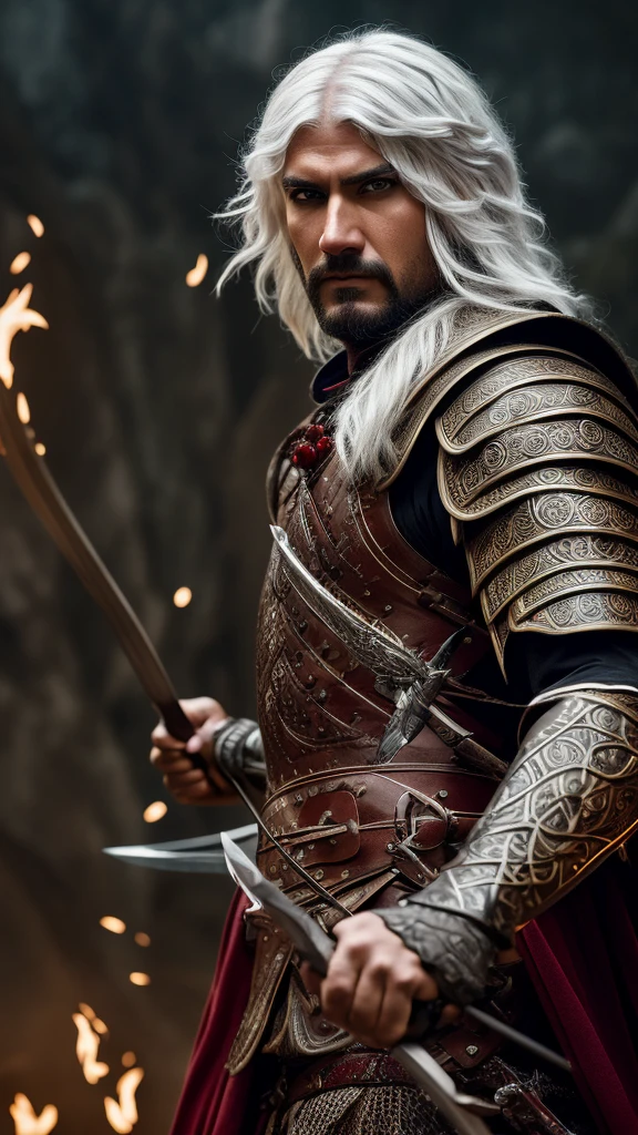 a man warrior archer with medium-cut white hair, red eyes, detailed facial features, beautiful, ornate armor, wielding a longbow, in a battle scene, medieval fantasy, dramatic lighting, cinematic composition, epic, highly detailed, 8k, photorealistic, masterpiece