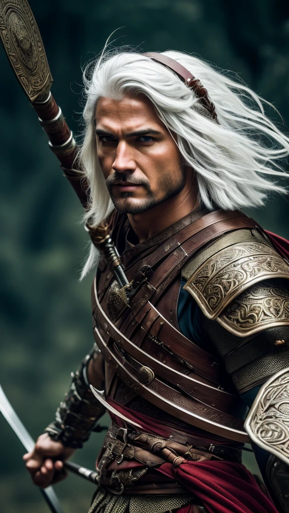 a man warrior archer with medium-cut white hair, red eyes, detailed facial features, beautiful, ornate armor, wielding a longbow, in a battle scene, medieval fantasy, dramatic lighting, cinematic composition, epic, highly detailed, 8k, photorealistic, masterpiece