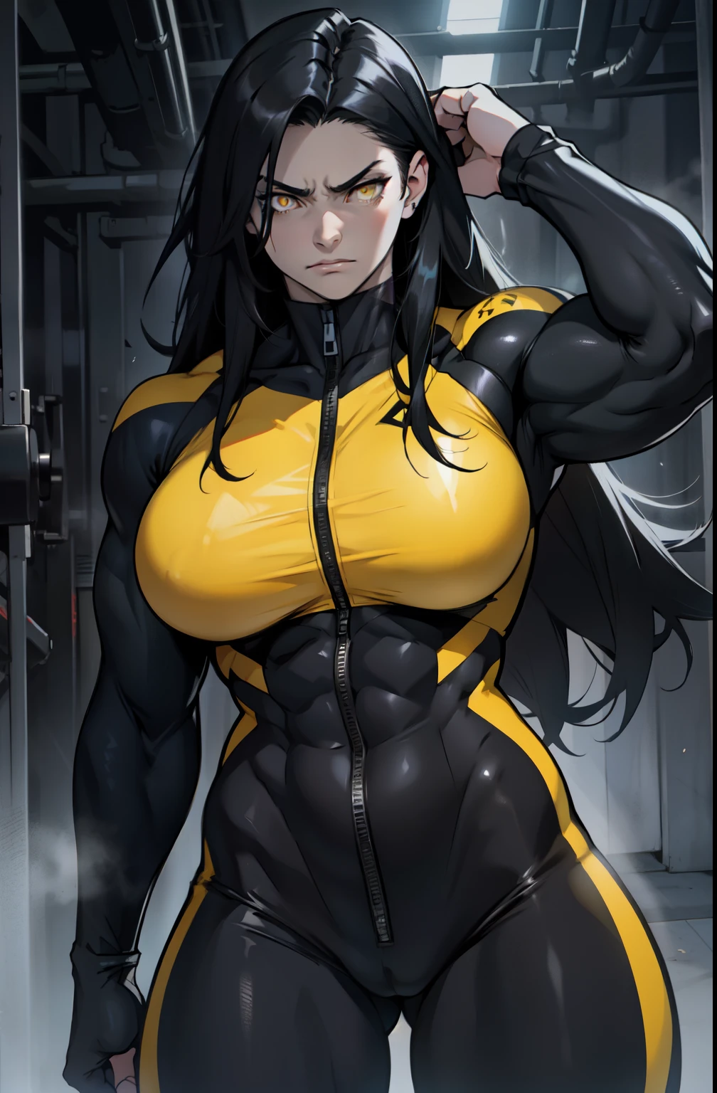 pale skin solo 1 girl black hair yellow eyes angry very long hair dark atmosphere (huge  bodybuilder toned body muscular) skinsuit