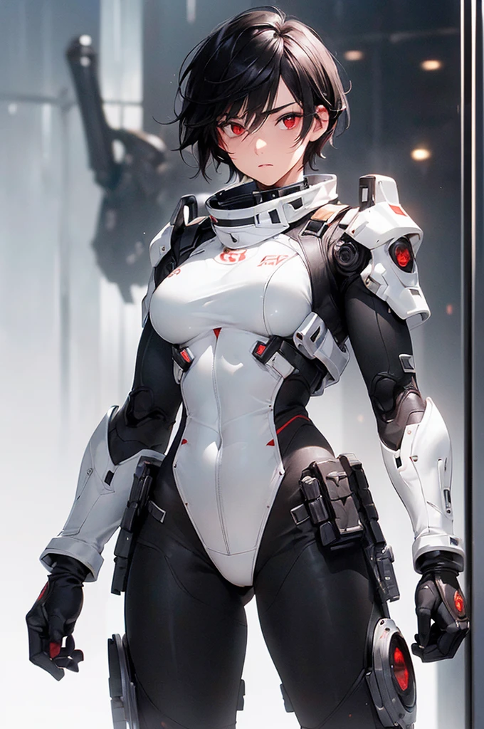 (((masterpiece; best quality: 1.2))), (finely detailed eyes: 1.3), (25 year old man), (solo), (red eyes: 1.4), (body; toned, fit, masculine: 1.3), (short black hair: 1.3), (beautiful and clear background: 1.2), ((depth of field)), (equipment: black-and-white mechpilot bodysuit + black gloves: 1.3), (anime illustration: 1.2), (background composition; hangar: 1.1), (extremely fine and handsome: 1.1), (shot composition; standing + centered on torso + close-up: 1.5), (expression; calm, stoic: 1.2)