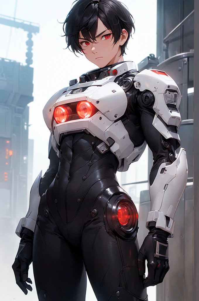 (((masterpiece; best quality: 1.2))), (finely detailed eyes: 1.3), (25 year old man), (solo), (red eyes: 1.4), (body; toned, fit, masculine: 1.3), (short black hair: 1.3), (beautiful and clear background: 1.2), ((depth of field)), (equipment: black-and-white mechpilot bodysuit + black gloves: 1.3), (anime illustration: 1.2), (background composition; hangar: 1.1), (extremely fine and handsome: 1.1), (shot composition; standing + centered on torso + close-up: 1.5), (expression; calm, stoic: 1.2)