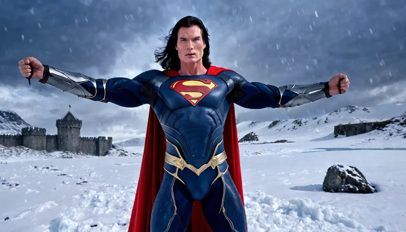 Medieval warrior man, super muscular body on steroids, Christopher Reeve face, long black hair, dark blue metal armor, red cape, a large S on his chest, legendary sword in hand, raising it towards the sky in a demonstration of power , ice alien fortress background, snowy ground, ethereal atmosphere, cinematic lighting, photorealistic, (best quality, 8k, high resolution, masterpiece: 1.2), ultra detailed, realistic, photorealistic: 1.37, spectacular lighting, moody, fantasy , conceptual art
