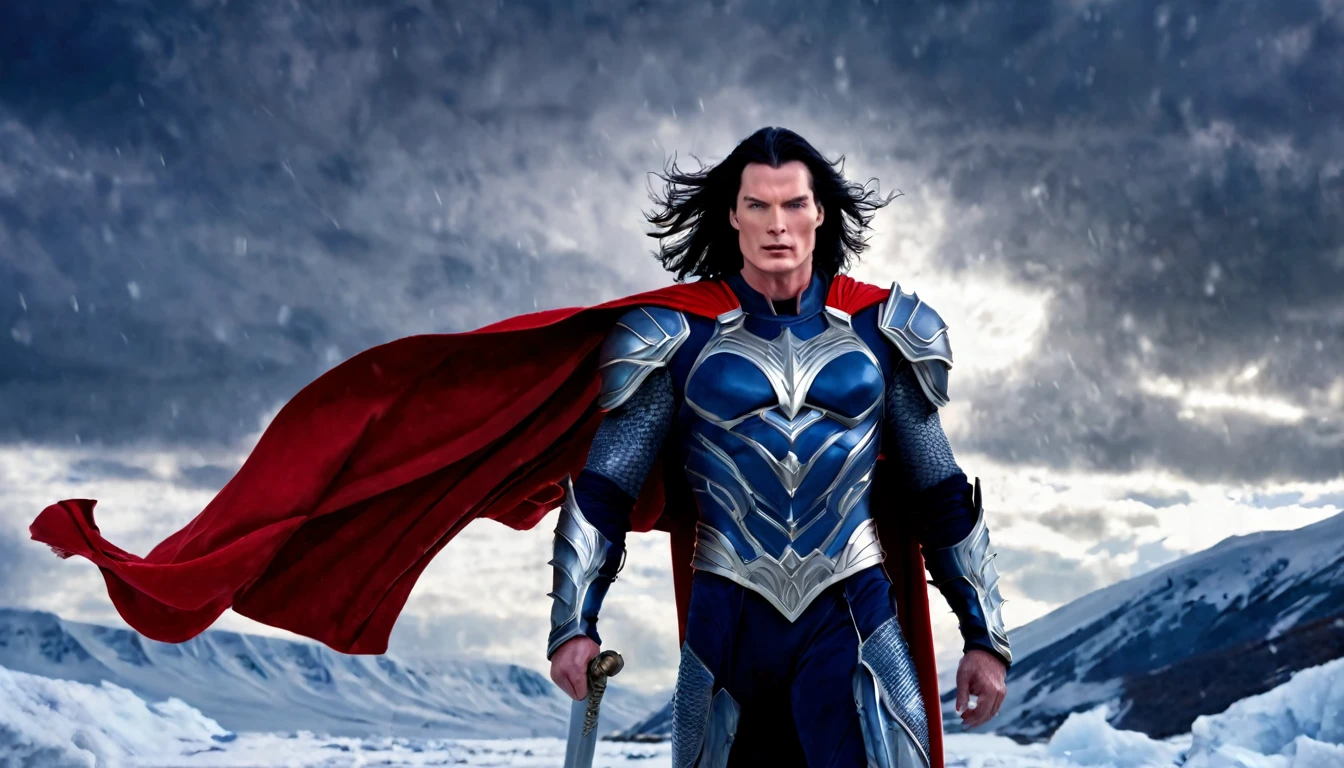 Medieval warrior man, super muscular body on steroids, Christopher Reeve face, long black hair, dark blue metal armor, red cape, a large S on his chest, legendary sword in hand, raising it towards the sky in a demonstration of power , ice alien fortress background, snowy ground, ethereal atmosphere, cinematic lighting, photorealistic, (best quality, 8k, high resolution, masterpiece: 1.2), ultra detailed, realistic, photorealistic: 1.37, spectacular lighting, moody, fantasy , conceptual art