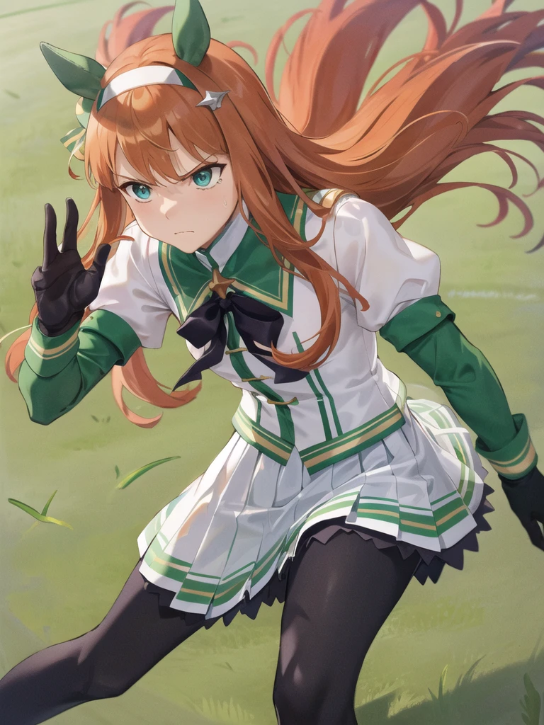 Masterpiece, top quality, close-up,
face shot, angry face, closed mouth,
Silence Suzuka\(Uma Musume\),
Black gloves, white skirt, pleated skirt, black pantyhose, layered sleeves, fluffy short sleeves, shorter than long sleeves, black ribbon,
((Running)), flowing grass, racetrack