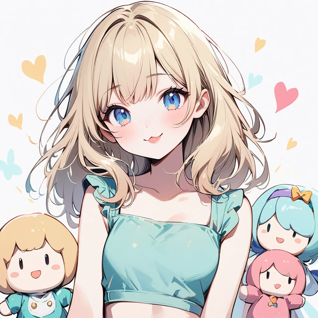 Beautiful girl, light blonde hair, pale blue eyes, rosy cheeks, heart-shaped lips, doll, solo, smiling, ethereal, sassy, small crop top