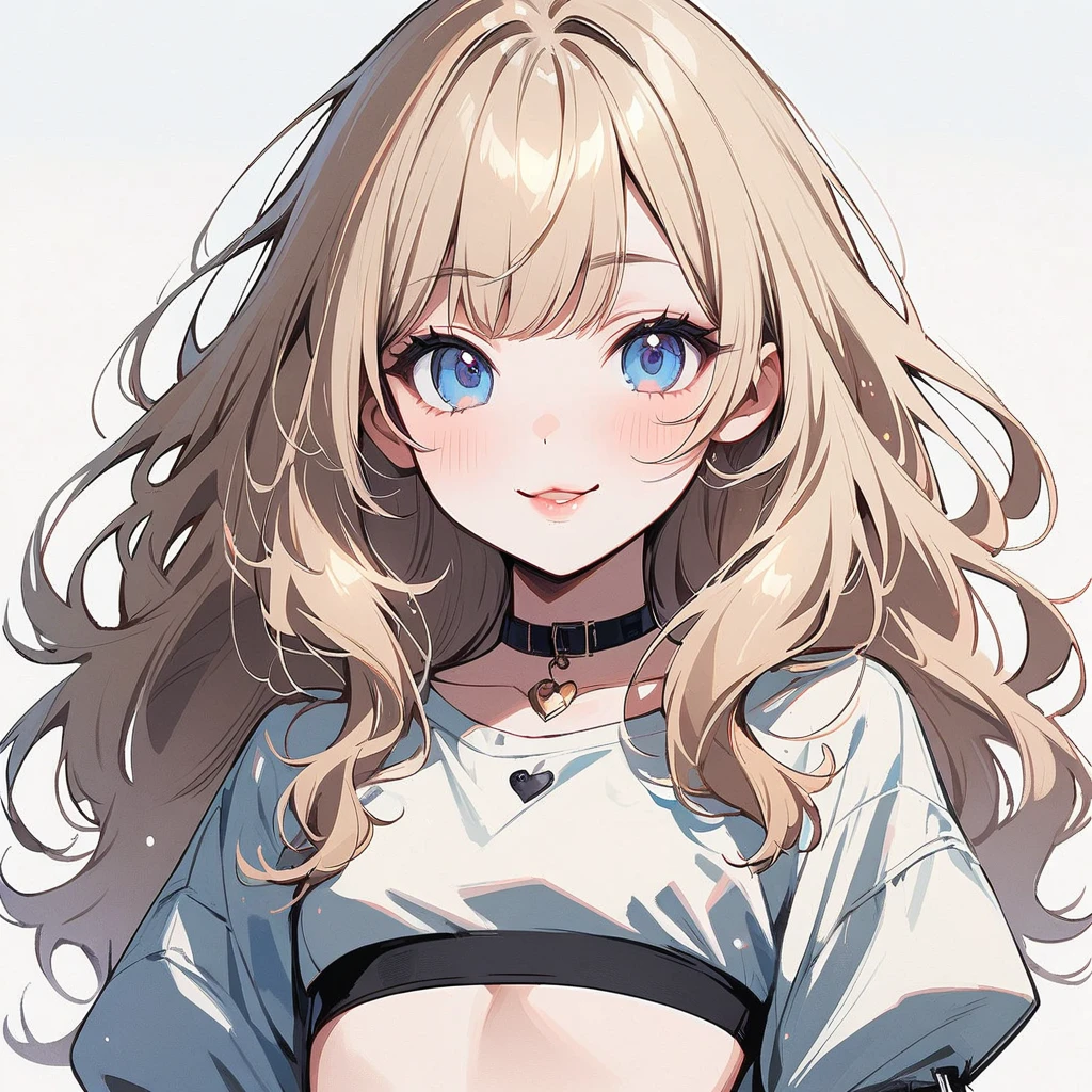 Beautiful girl, light blonde hair, pale blue eyes, rosy cheeks, heart-shaped lips, doll, solo, smiling, ethereal, sassy, small crop top