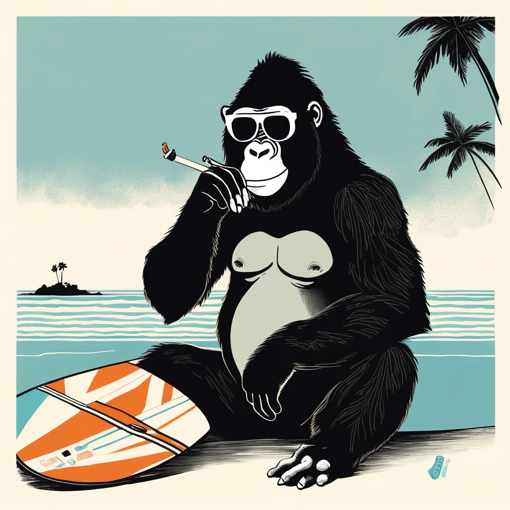 gorilla-like , sweet,art by Sophie Roach , art by Jon Klassen , art by Michael Cho , art by Sophie Roach、sunglasses,campimg,smoking,surfing