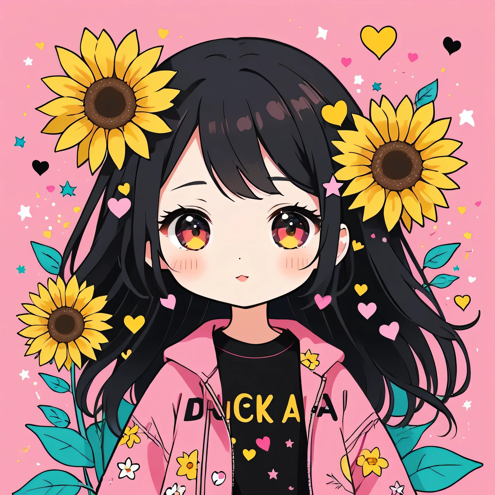 Black Star Gold and Pink style, Simple Line Initialism，Abstract art，Kawaii Design, The most beautiful girl of all time, (((chibi))), The background is sunflowers, colorful hearts, colorful flowers,