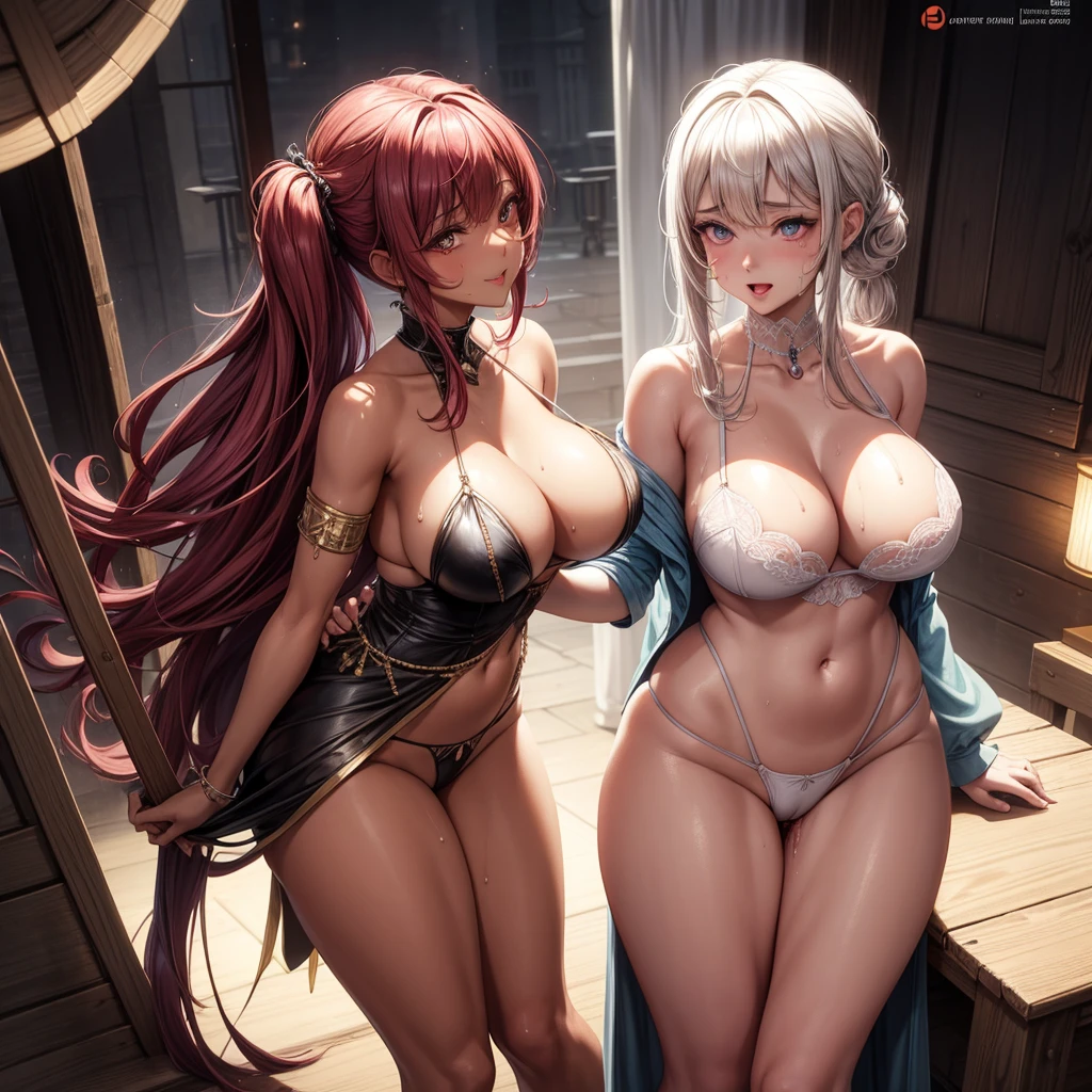 Mature curvaceous and tanned babes, 2 sisters, sticking out their tongues, wearing a skin-colored kimono with a high slit, adjusted to thigh length, with tassels or other accessories above the long slit.    Clothes can accidentally unravel (come apart), become embedded (causing clothing to pull on the crotch), and tops can slip off (causing exposure).    Red Eyes, [Facial], [Handjob] [Penis] ★ Ahegao (Fucking Idiot/[Sexual Ecstasy]) Ahe Face [Double-sided orgasm, hot provocative expression.     (Masterpiece, best quality: 1.2), beauty, pink hair, shiny skin, melted cheese juice flowing from mouth, seductive pose, cleavage, wet skin, crop top, big breasts exposed, Full bust under exposed breast detail, eye contact, long hair, sharp edges, moody lighting, artfully melted vanilla ice cream running down, stains dripping everywhere, provocative pose, dim lighting, super pretty sparkly Eyes, eye rolls in orgasm, big  showing cleavage.    nipple.    navel, light pink, muscular, legs open, juicy, wet, seductive, big breasts, cleavage exposed, navel, dark brown skin, blonde, long straight hair, schoolgirl cut, cosplay, late night, wet, sweaty Armpits, (tanned face): 1.6), healthy tanned skin, attractive ass, spread legs.    Details Sitting with legs spread apart, M-shaped legs, white underwear, pink underwear, skin-colored underwear, black underwear, the underwear moved to the side of the thigh, with a large amount of viscous white liquid seeping out of it.    Field Bokeh, (Detailed Background), Perfect Layered Cut, (Full Body Shot/Cowboy Shot/Side View), 8K, Gorgeous Lips, (Masterpiece), (Best Quality), (Ultra Detailed), ((Sexy) ;1.5) ) Very beautiful, illustrations, perfect composition, intricate details, ridiculous, detailed faces, (anime, masterpiece, complex: 1.3), (best quality, hired textures, high details: 1.2), ( 4k), (Extreme detail: 1.4)