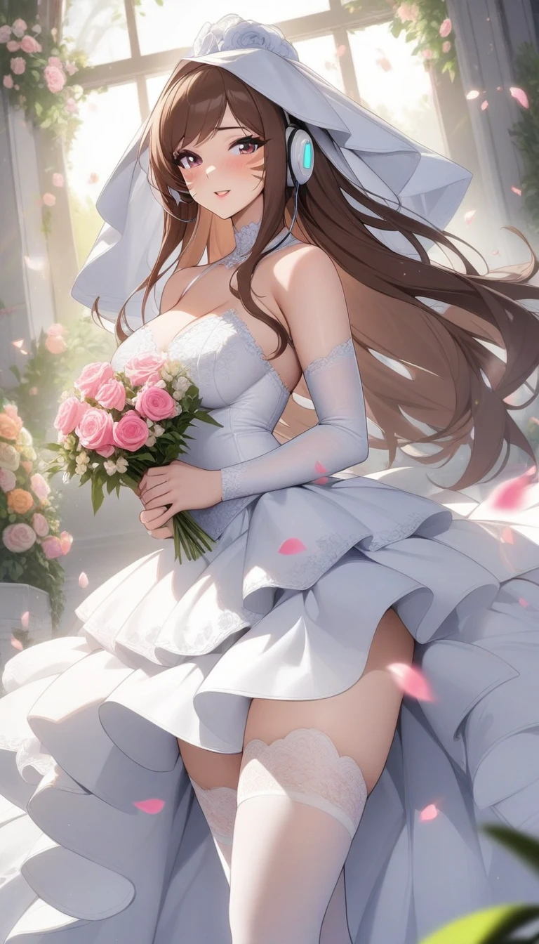 masterpiece, best quality, very aesthetic, absurdres, 1girl, mature_lady, wedding_dress,White lace miniskirt wedding dress, Holding flowers, White lace stockings, wedding hood, ,d.va(overwatch),1girl, headphones,long_hair, brown_hair, facial_mark,whisker_markings,,surrounding by flowers,falling_petals, outdoors, petals,,in bedroom,floating_clothes