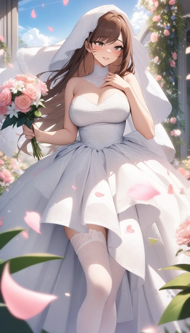 masterpiece, best quality, very aesthetic, absurdres, 1girl, _lady, wedding_dress,White lace miniskirt wedding dress, Holding flowers, White lace stockings, wedding hood, ,d.va(overwatch),1girl, headphones,long_hair, brown_hair, facial_mark,whisker_markings,,surrounding by flowers,falling_petals, outdoors, petals,,in bedroom,floating_clothes