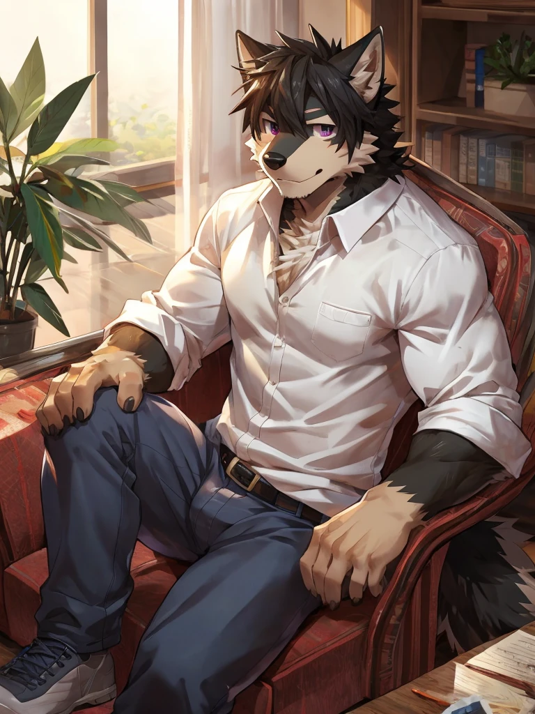 embedding:black wolf, male,purple eyes,Scar on the face, scar on the body,Single person,The fur on the chest and abdomen is white.Inside the apartment,Elder brother.Modern apartment, President of the company,clean and tidy.casual Shirt,Casual pants,Gentle,Maturity,The highest quality of scene detail,adult,Tall and powerful,muscle,Best quality hands, best quality eye,detailed fur,Delicate eyes.Extreme picture quality,by sollyz,by zixiong,by milkytiger1145