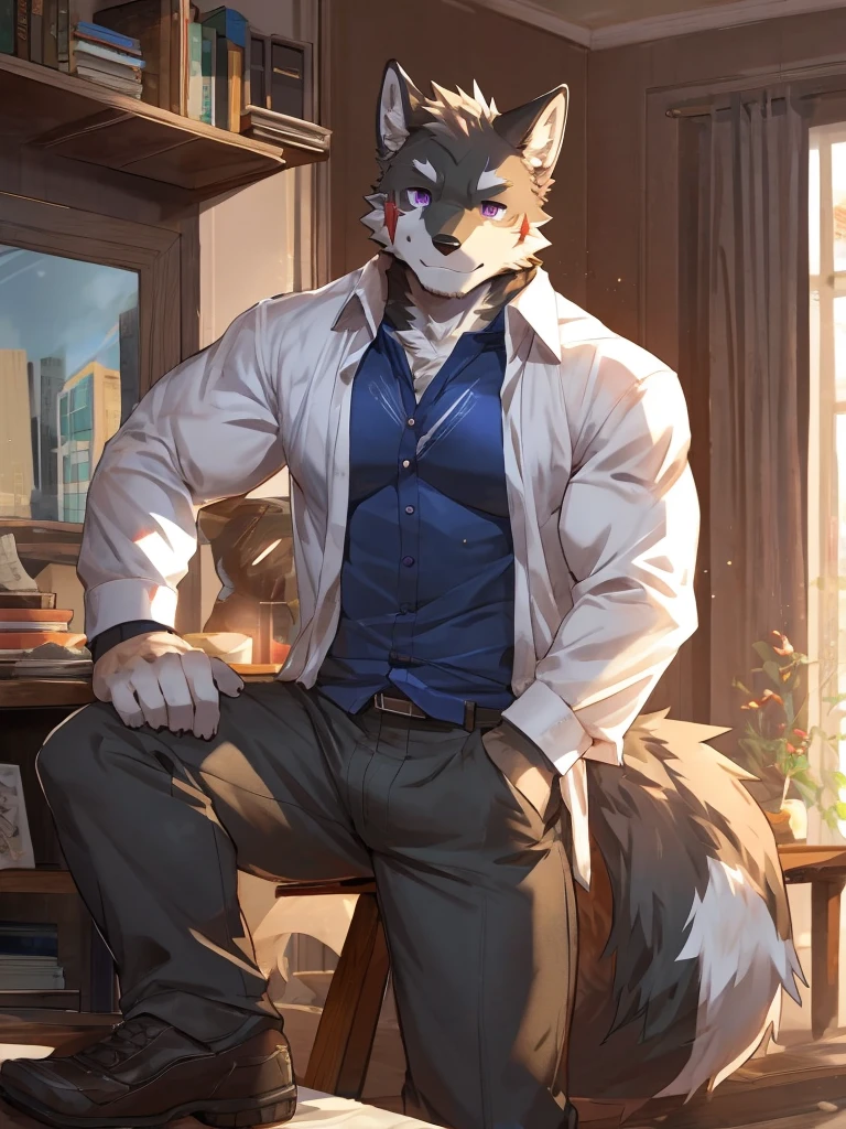 embedding:black wolf, male,purple eyes,Scar on the face, scar on the body,Single person,The fur on the chest and abdomen is white.Inside the apartment,Elder brother.Modern apartment, President of the company,clean and tidy.casual Shirt,Casual pants,Gentle,Maturity,The highest quality of scene detail,adult,Tall and powerful,muscle,Best quality hands, best quality eye,detailed fur,Delicate eyes.Extreme picture quality,by sollyz,by zixiong,by milkytiger1145