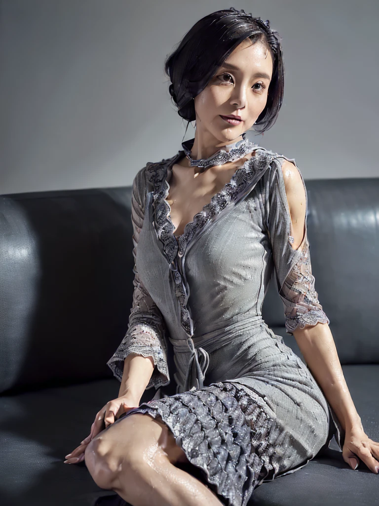 cinematic, Blue hour, (((Ultimate ultra Photorealistic, ultimate high-quality 32k photo))),(((An American shot photo, both arms behind on knees, show ultra detailed groin part,  sexy Sitting with Knees Up on sofa, spread legs, wide open legs, legs spread in an ‘M’ shape,  a42yo ultimate beautiful &cute Japanese actress, looking at viewer:1.6))),(((She has a very intelligent and ultimate maternal lovely beautiful Japanese face&black eyes, pointy nose, ultra detailed face, oval face, very blushing cheeks, ultimate well-proportioned face, seductive &shy smile, seductive hips and Waistline, ))),((black elegant wet short bob, very light naturally makeup)), Accurate depiction of fingers and arms:1.4, (((She has the ultimately perfect nice&Sensual proportions, very just fitted v-neck half sleeve grey elegant lacy buttonless Open-collar very wet one piece dress:1.5))), (((white beautiful ultimate realistic glossy wet Japanese lady Fair and beautiful sweaty skin , A simple and modest silver necklace, very Humid and Hot summer evening ,Tokyo business office street))), (((elegant mid-length skirt with a long slit is rolled up, showing ultra detailed her vagina for viewers :1.5)))