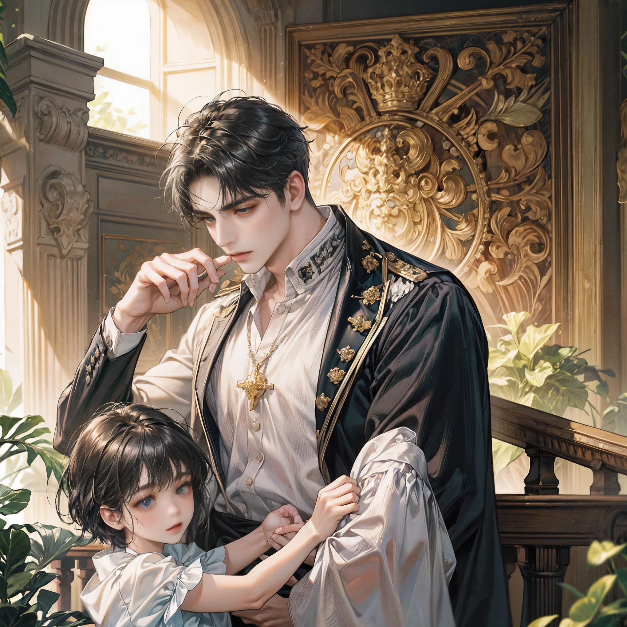 Very delicate and beautiful, wonderful, In detail, masterpiece, Super detailed, High resolution,Best illustrations, Best Shadow,Complex,Sharp focus, high quality, A young father holds his young twin boys and girls in his arms tightly and warmly、Draw a scene filled with love and security.。My father is on his way home from work.、Children are innocent and carefree。In the background澄み切った青空が広がり、A view of a stylish modern mansion in Pula, Croatia in summer。The bright sunlight illuminates the house and the sparkling sea.。 In fact, this30The father of the generation was the former Constantine1This is the world.、The boy-girl twins are formerly Crispus and Fausta。The whole scene、atonement、Forgiveness、Healing、Purification、And the theme of repairing relationships was emphasized.、It expresses the moment when family love and bonds deepen.。 The father's expression shows deep love and relief.、The twins have innocent smiles on their faces.。In the background、The beautiful sea of Croatia spreads out before you、The sparkle enhances happy family moments.。