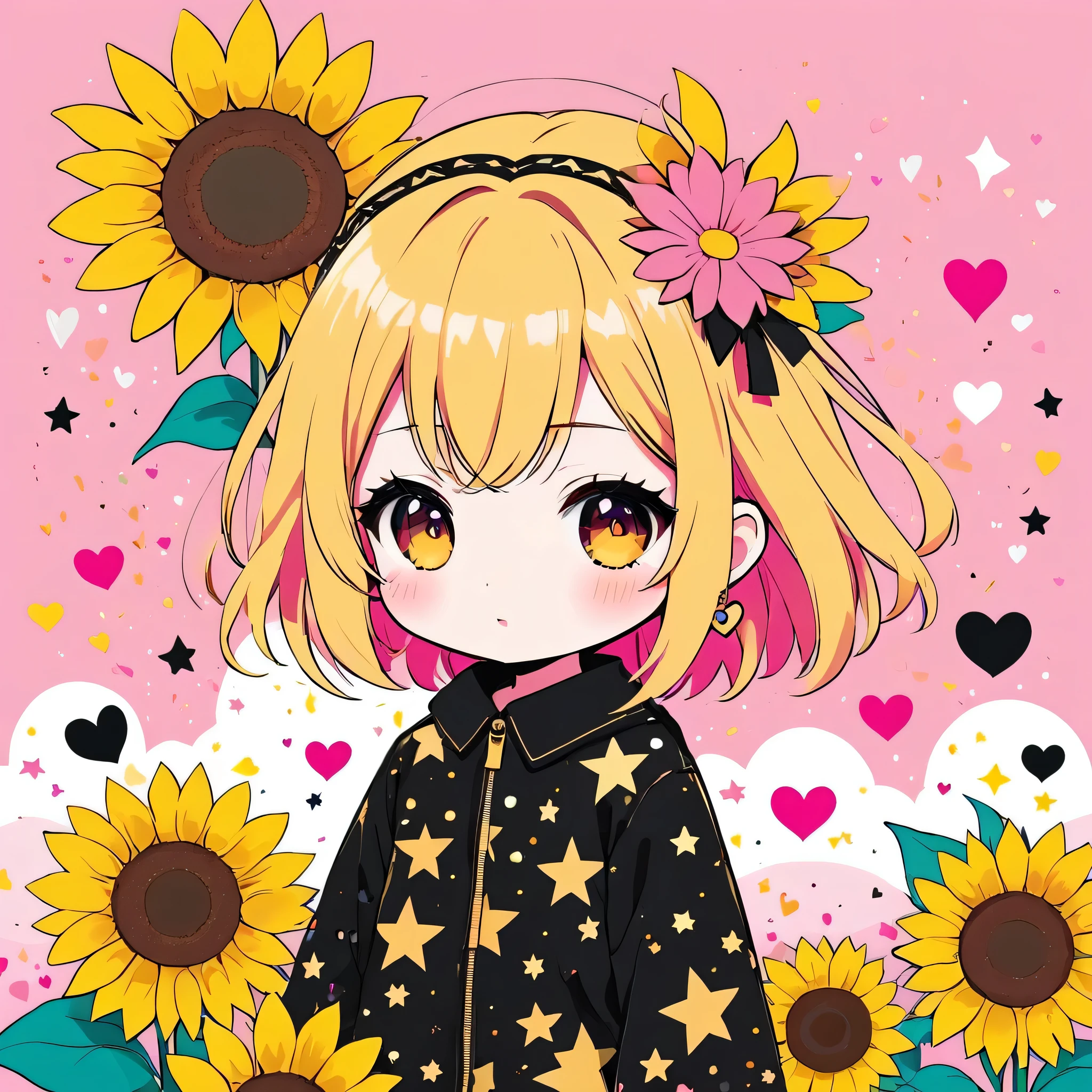 Black Star Gold and Pink style, Simple Line Initialism,Abstract art,Kawaii Design, The most beautiful girl of all time, (((chibi))), The background is sunflowers, colorful hearts, colorful flowers,