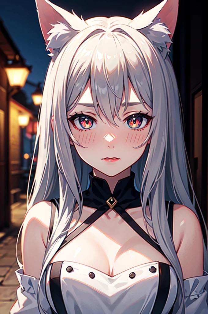 shy, embarrassed, blush, closed mouth, bright pupils, glint, red lips, nose blush, cat ears, longeyelashes, slit pupils, wide eyes, amber eyes, shiny hair, long hair, silver hair, high detail, anime, anime style, depth of field, cinematic lighting, ray tracing, masterpiece, accurate, anatomically correct, super detail, high details, high quality, best quality, highres, 4K