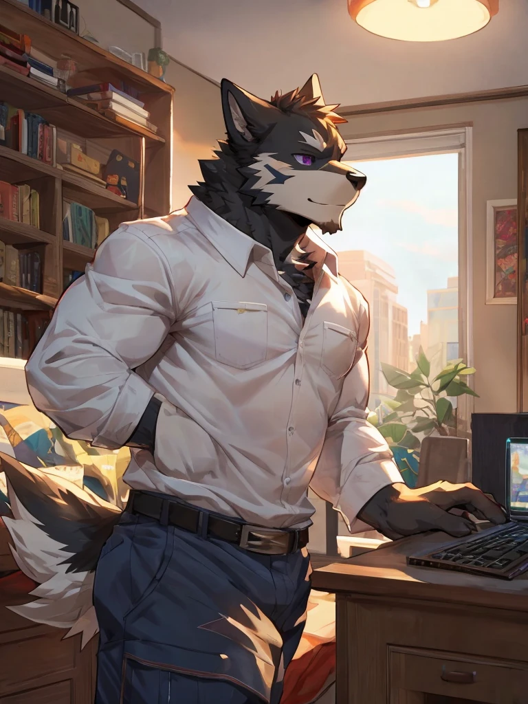 embedding:black wolf, male,purple eyes,Scar on the face, scar on the body,Single person,The fur on the chest and abdomen is white.Inside the apartment,Elder brother.Modern apartment, President of the company,clean and tidy.casual Shirt,Casual pants,Gentle,Maturity,The highest quality of scene detail,adult,Tall and powerful,muscle,Best quality hands, best quality eye,detailed fur,Delicate eyes.Extreme picture quality,by sollyz,by zixiong,by milkytiger1145