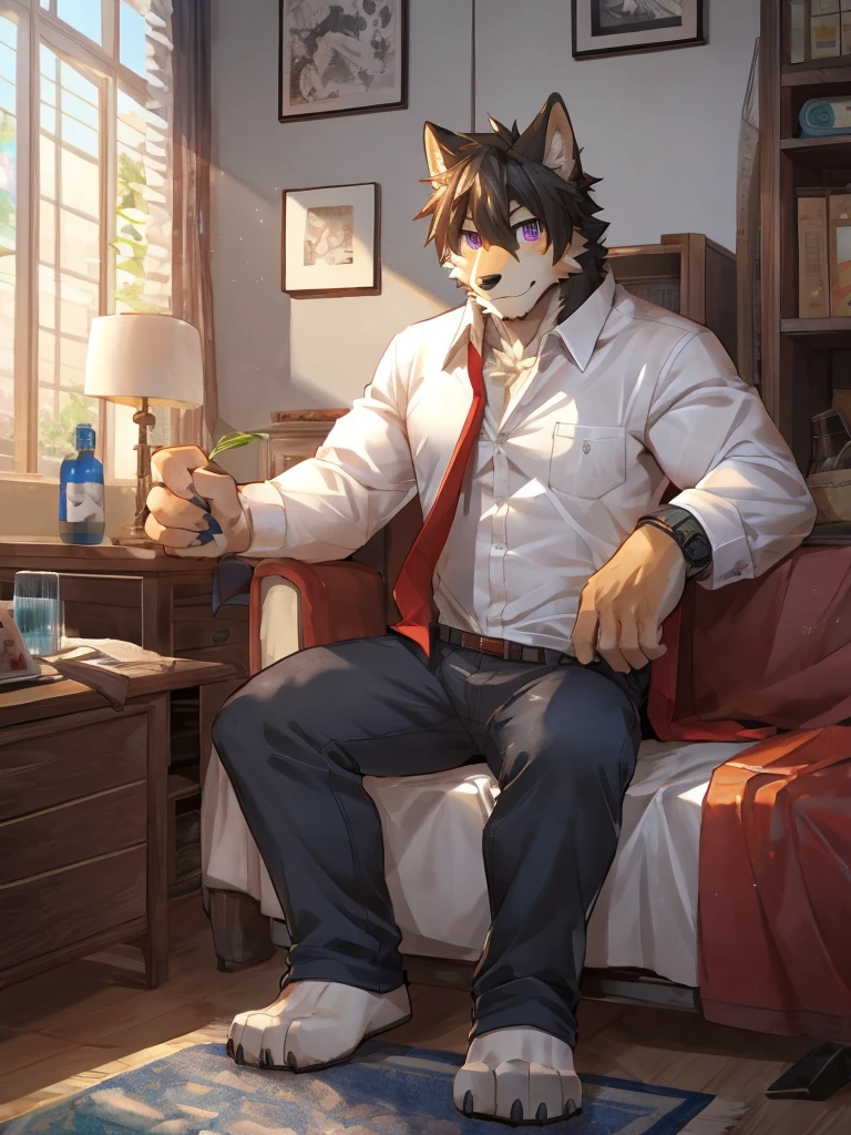 embedding:black wolf, male,purple eyes,Scar on the face, scar on the body,Single person,The fur on the chest and abdomen is white.Inside the apartment,Elder brother.Modern apartment, President of the company,clean and tidy.casual Shirt,Casual pants,Gentle,Maturity,The highest quality of scene detail,adult,Tall and powerful,muscle,Best quality hands, best quality eye,detailed fur,Delicate eyes.Extreme picture quality,by sollyz,by zixiong,by milkytiger1145