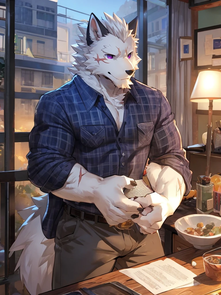embedding:black wolf, male,purple eyes,Scar on the face, scar on the body,Single person,The fur on the chest and abdomen is white.Inside the apartment,Elder brother.Modern apartment, President of the company,clean and tidy.casual Shirt,Casual pants,Gentle,Maturity,The highest quality of scene detail,adult,Tall and powerful,muscle,Best quality hands, best quality eye,detailed fur,Delicate eyes.Extreme picture quality,by sollyz,by zixiong,by milkytiger1145