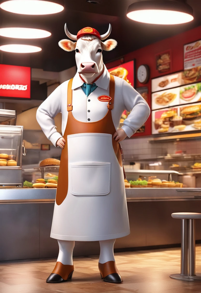Cow in a fast food restaurant employee uniform、100 on the menu board in the background% Beef character、Dressed animals page, Very detailed、Real、Photorealistic、Cinematic lighting、8K、Highest quality、masterpiece