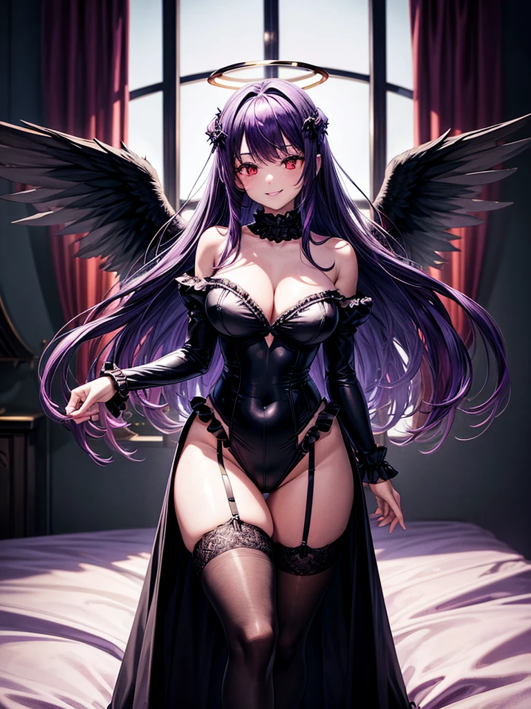 Highest quality,Highest Resolution,Beautiful girl with a smile in a gothic leotard,Big black angel wings on the back,Halo,High leg,Frills,Very beautiful red eyes,front,whole body,Bedroom,Standing posture,Spread your arms out to the sides,garter belt,Thigh-high stockings,Night view outside the window,Purple Hair,