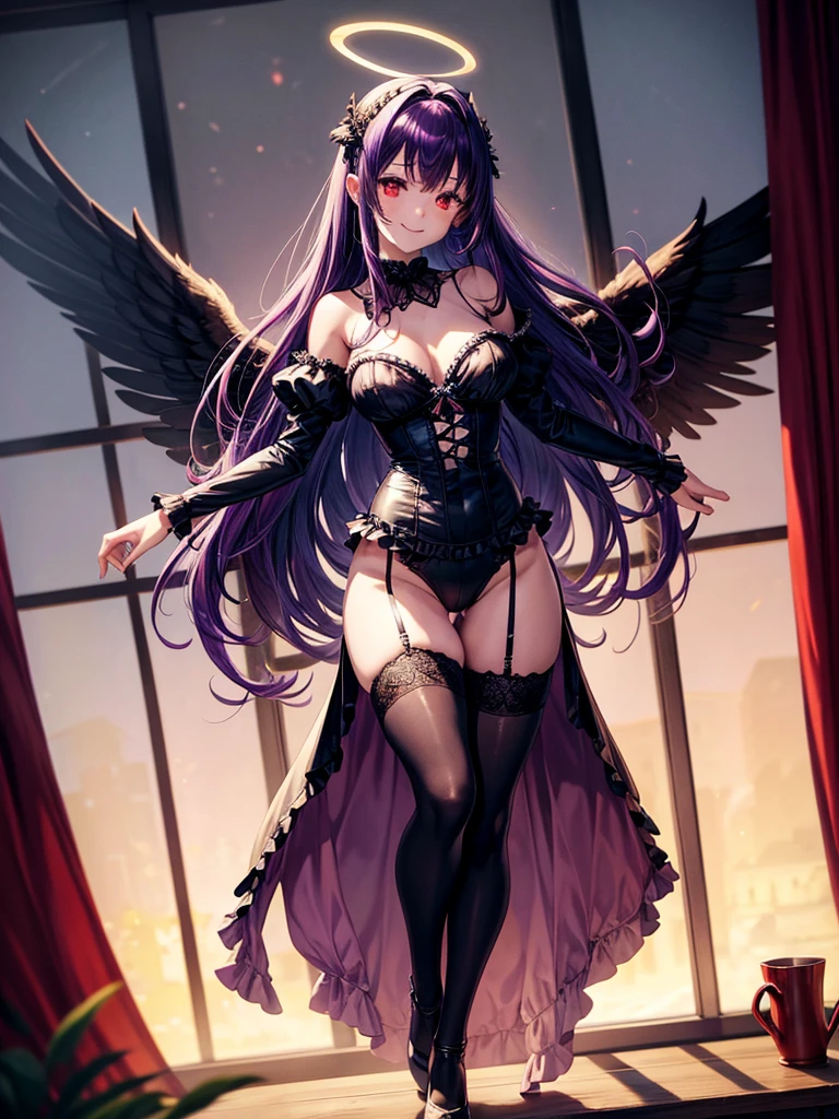 Highest quality,Highest Resolution,Beautiful girl with a smile in a gothic leotard,Big black angel wings on the back,Halo,High leg,Frills,Very beautiful red eyes,front,whole body,Bedroom,Standing posture,Spread your arms out to the sides,garter belt,Thigh-high stockings,Night view outside the window,Purple Hair,