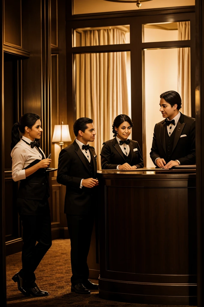 Three friends nervously checking in at the front desk of the haunted hotel.