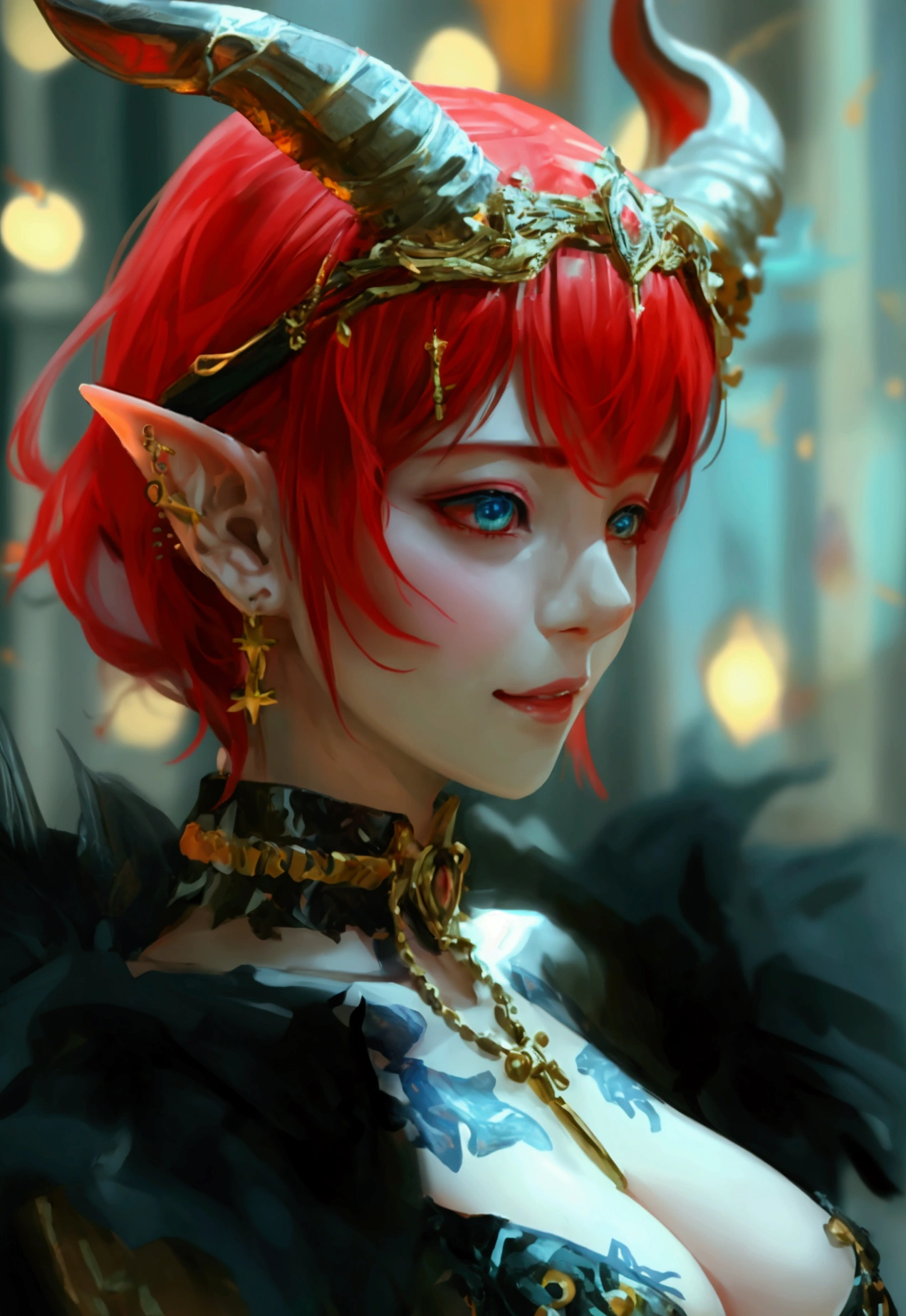 Idol style,Succubus,Inflatable Doll, Advanced art style,works of masters,16K,HD,Scary smile,silver hair,noble,Mink scarf,crutch,full-body shot,golden light,Advanced Cape,necklace,belt,blush,halo,Sexy figure,Lower chest display,Divine Light,Film light and shadow,Domineering,The King's Aura,arrogant,Reduce clothing fabric,Details of the face,looking down,saint,perspective,Bandage wrap around the chest,Tattoo on the chest,Fallen,dark,bicolor hair,earrings,ambiguous,Shining star eyes,Special skill,Advanced special effects,perfect waist to hip ratio,elf earurderous,headgear,HP recovery effect,Bachelor, blindfold