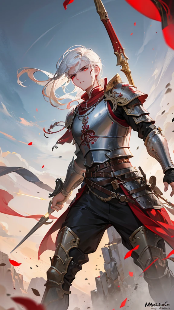 a man warrior archer with medium-cut white hair, red eyes, detailed facial features, beautiful, ornate armor, wielding a longbow, in a battle scene, medieval fantasy, dramatic lighting, cinematic composition, epic, highly detailed, 8k, photorealistic, masterpiece
