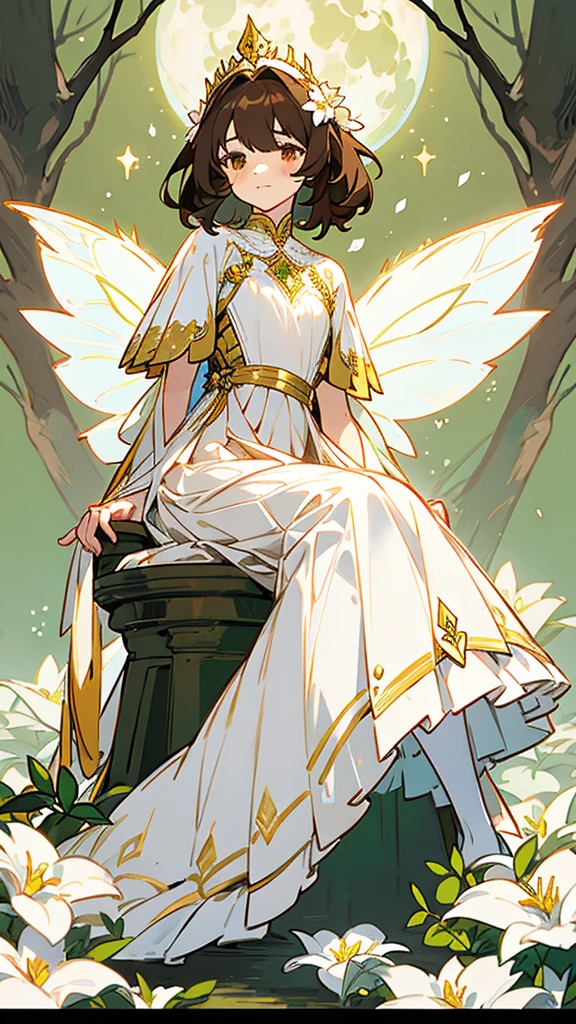 1 girl, dark brown hair, gold eyes, White skin, dressed in a white dress with lace and pleats, fairy wings, shy posture, whole body, sitting on a tree throne, green lights, Moonlight, flower crown on her head, soft smile, gentle.