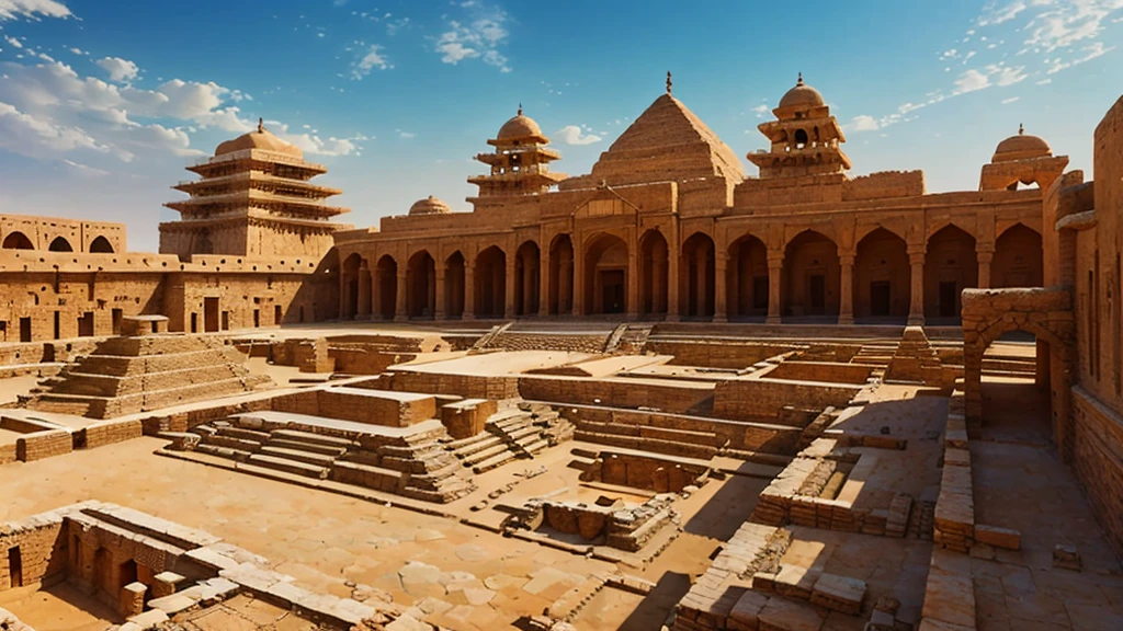 Digital restoration of Indus Valley architecture and urban planning, Detailed architectural elements, Exquisite carving, Gorgeous motifs, Ancient city layout, Advanced urban infrastructure, A well-planned drainage system, Majestic pyramids, Magnificent palace, Bustling market, Vibrant cultural scene, Expert craftsmanship, Archaeological accuracy, A vivid depiction of ancient life, Historical accuracy, Realistic lighting effects, High resolution textures, Photorealistic Rendering, Vibrant color palette, Immersive 3D visuals, Intricate details, A masterfully recreated design, In-depth historical research, Incredible visual fidelity, A fascinating sense of ancient civilization