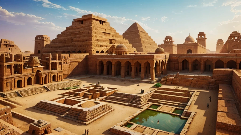 Digital restoration of Indus Valley architecture and urban planning, Detailed architectural elements, Exquisite carving, Gorgeous motifs, Ancient city layout, Advanced urban infrastructure, A well-planned drainage system, Majestic pyramids, Magnificent palace, Bustling market, Vibrant cultural scene, Expert craftsmanship, Archaeological accuracy, A vivid depiction of ancient life, Historical accuracy, Realistic lighting effects, High resolution textures, Photorealistic Rendering, Vibrant color palette, Immersive 3D visuals, Intricate details, A masterfully recreated design, In-depth historical research, Incredible visual fidelity, A fascinating sense of ancient civilization
