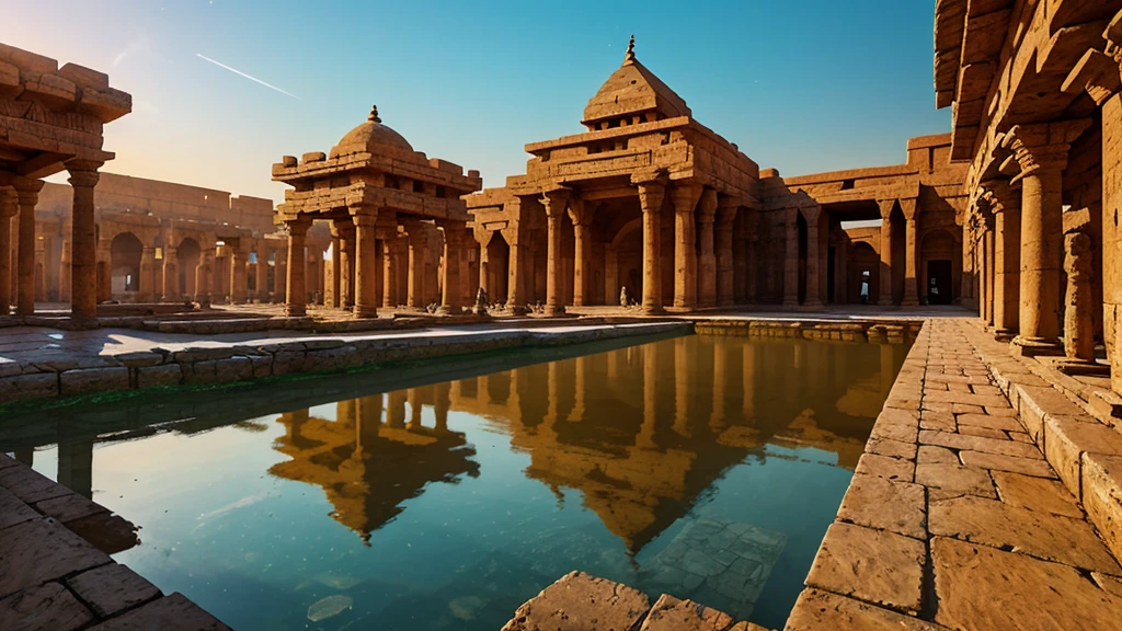 Digital restoration of Indus Valley architecture and urban planning, Detailed architectural elements, Exquisite carving, Gorgeous motifs, Ancient city layout, Advanced urban infrastructure, A well-planned drainage system, Majestic pyramids, Magnificent palace, Bustling market, Vibrant cultural scene, Expert craftsmanship, Archaeological accuracy, A vivid depiction of ancient life, Historical accuracy, Realistic lighting effects, High resolution textures, Photorealistic Rendering, Vibrant color palette, Immersive 3D visuals, Intricate details, A masterfully recreated design, In-depth historical research, Incredible visual fidelity, A fascinating sense of ancient civilization